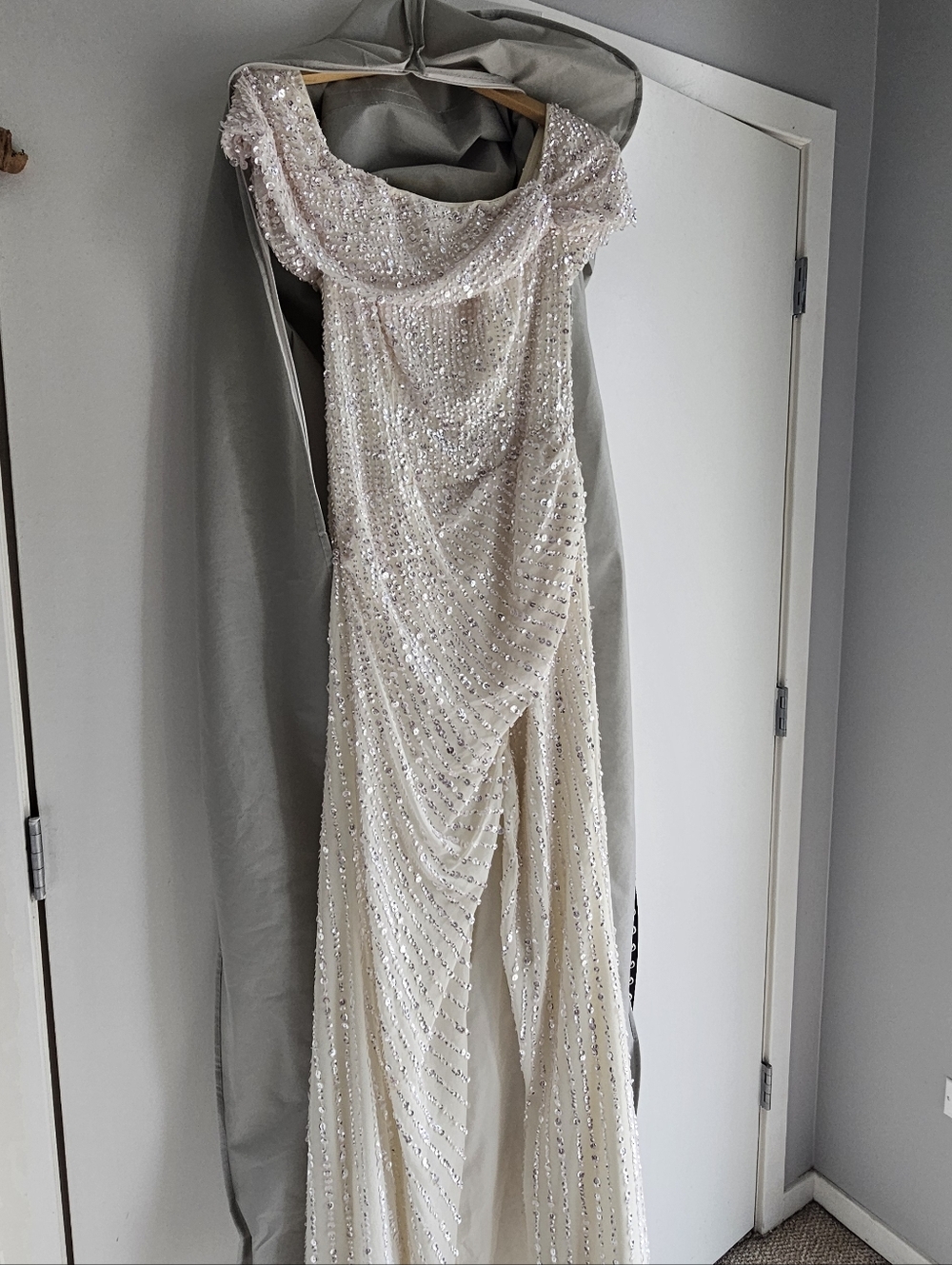 Asos Elegant Off The Shoulder Sequined Evening Gown in Ivory